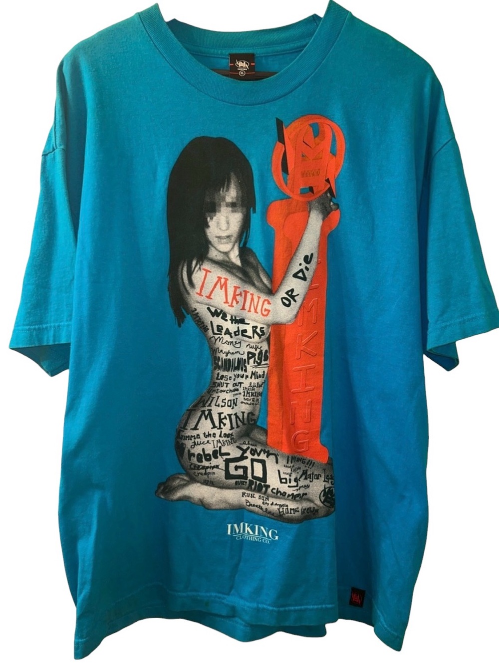 IMKING Turquoise Tee Woman Orange Pole Graphics mens Sz XL Tattoos Streetwear
